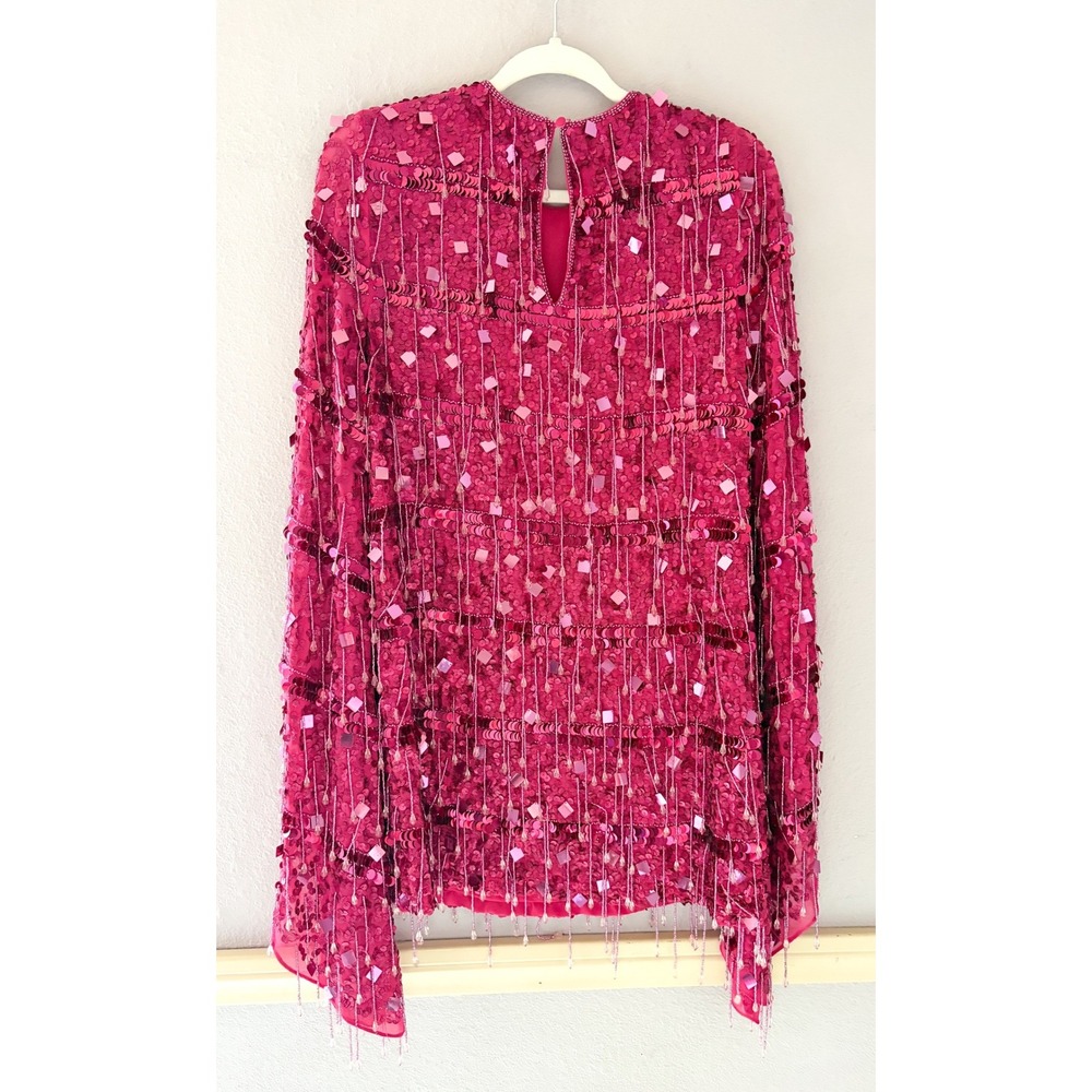 Nasty Gal Pink Sequin Fringe Mini Dress Long Bell Sleeve Beaded Glam Party Sz 6 - Picture 7 of 7